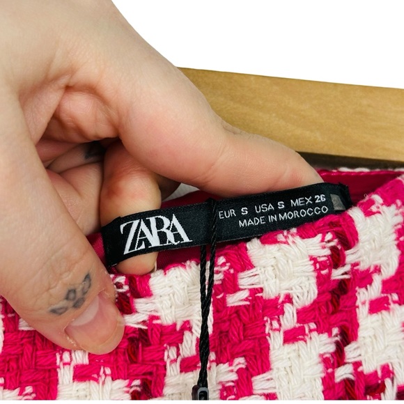 ZARA Tweed Textured Weave Houndstooth Faux Wrap Slit Midi Skirt Raspberry Pink S - Picture 14 of 16